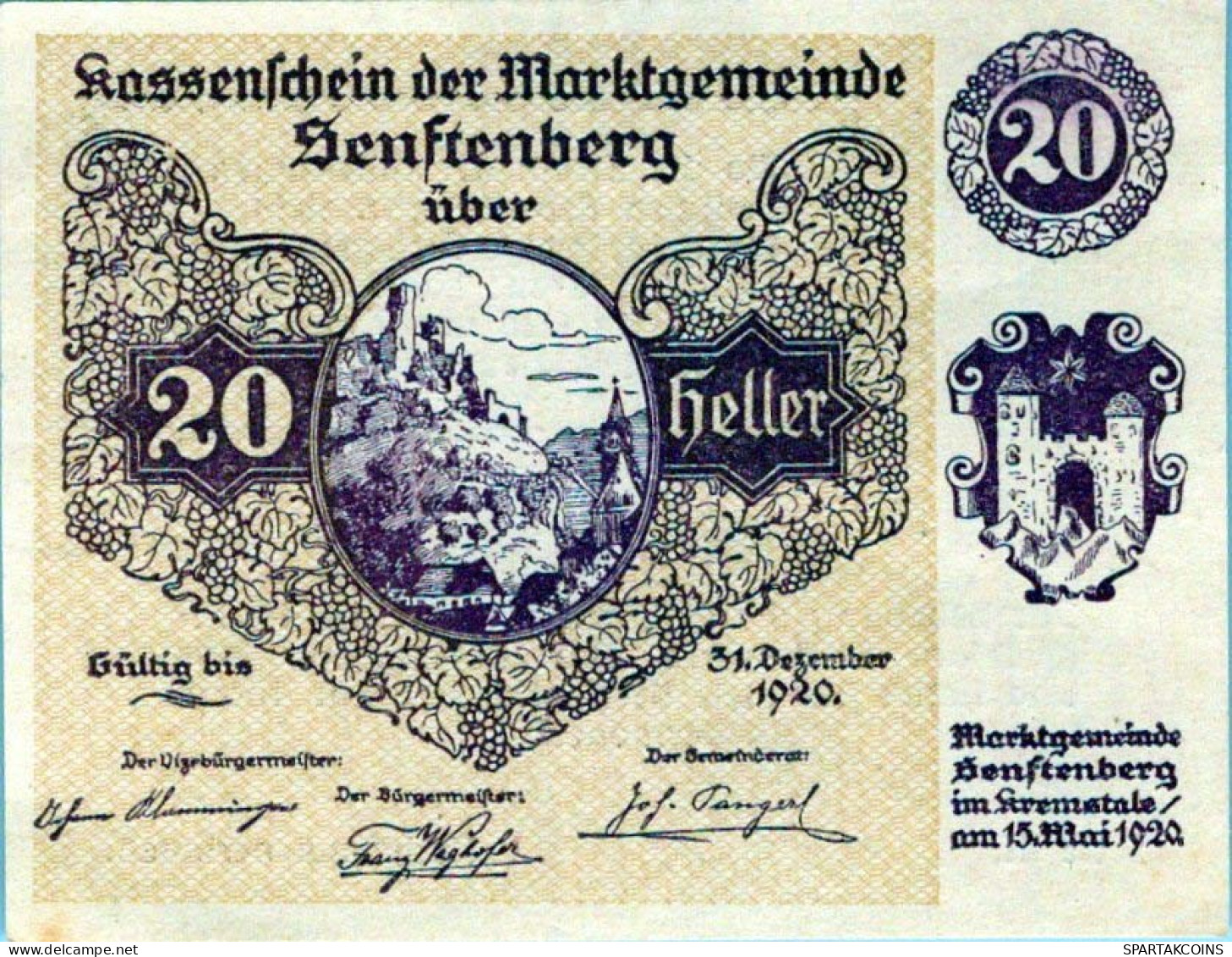 20 HELLER 1920 Stadt SENFTENBERG Niedrigeren Österreich Notgeld #PF010 - Lokale Ausgaben