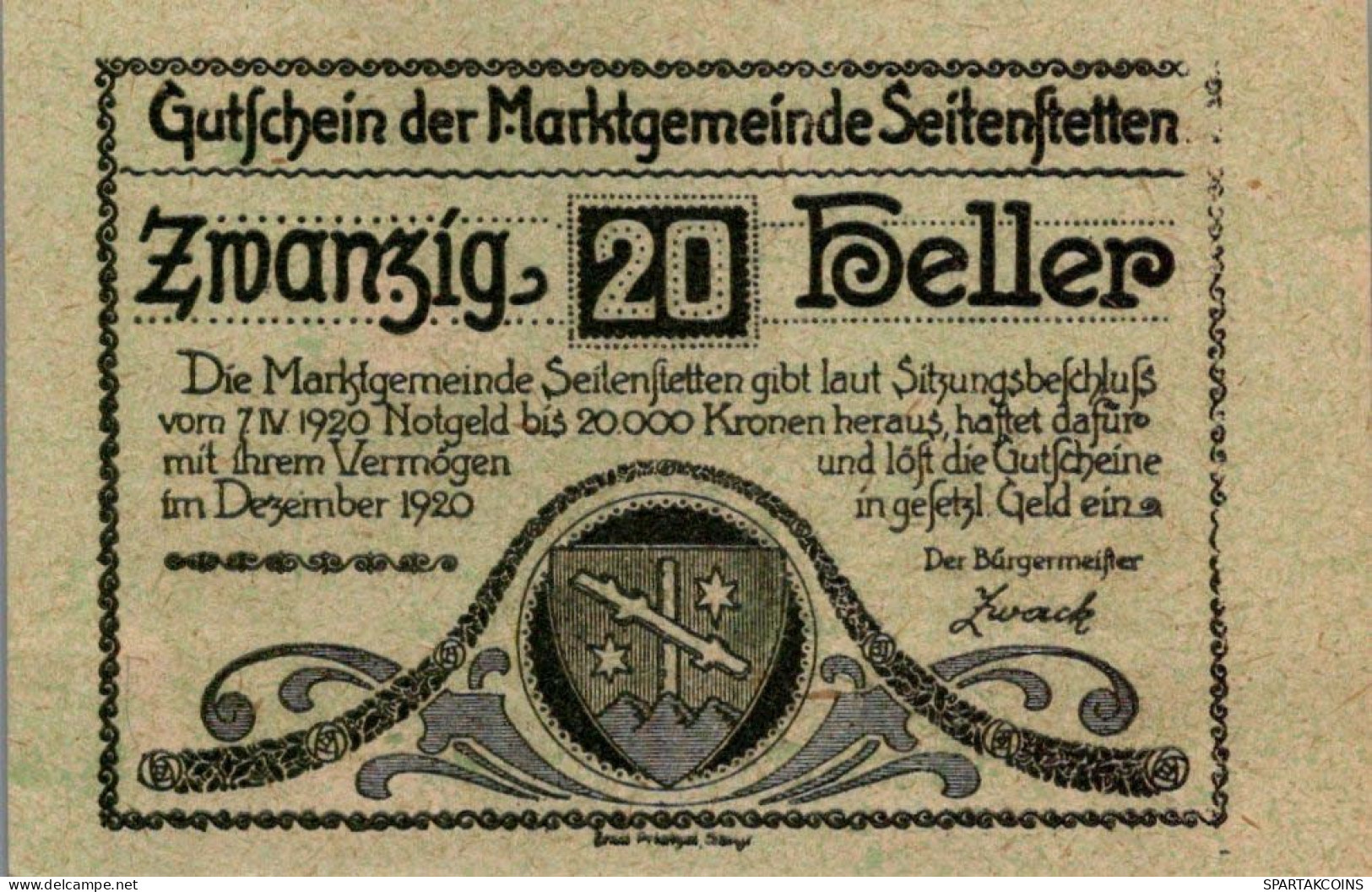 20 HELLER 1920 Stadt SEITENSTETTEN Niedrigeren Österreich Notgeld #PE634 - Lokale Ausgaben