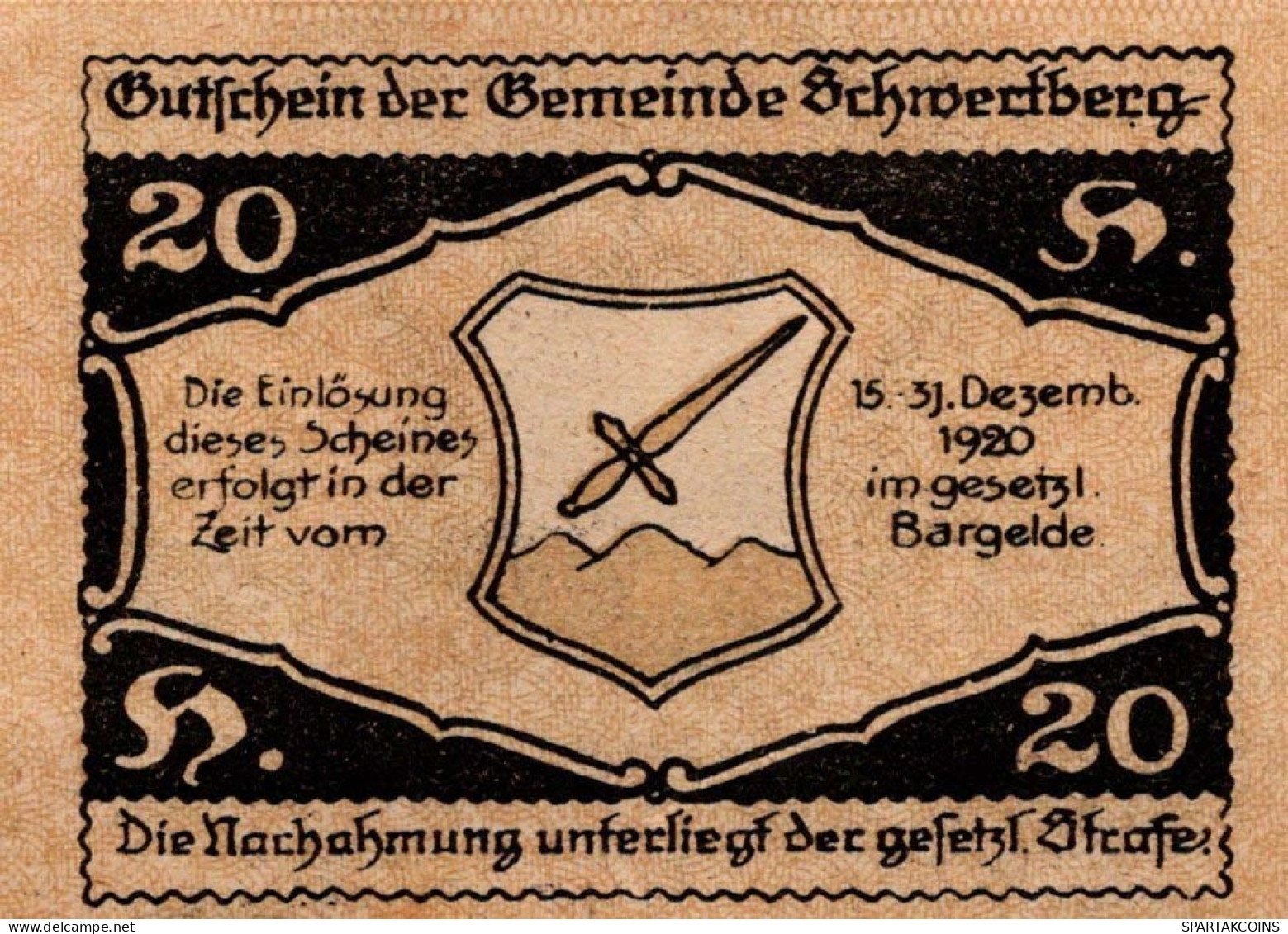 20 HELLER 1920 Stadt SCHWERTBERG Oberösterreich Österreich Notgeld #PE599 - Lokale Ausgaben