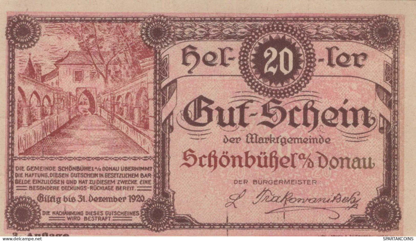 20 HELLER 1920 Stadt SCHoNBÜHEL AN DER DONAU Niedrigeren Österreich UNC Österreich #PH033 - [11] Local Banknote Issues