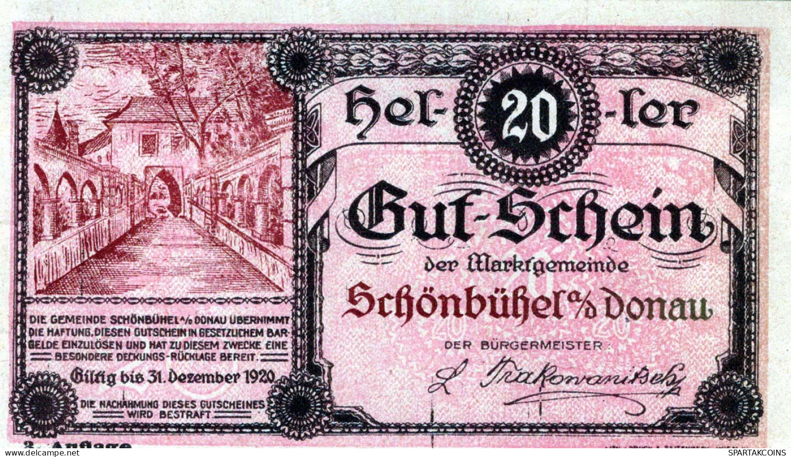 20 HELLER 1920 Stadt SCHoNBÜHEL AN DER DONAU Niedrigeren Österreich UNC Österreich #PH033 - Lokale Ausgaben