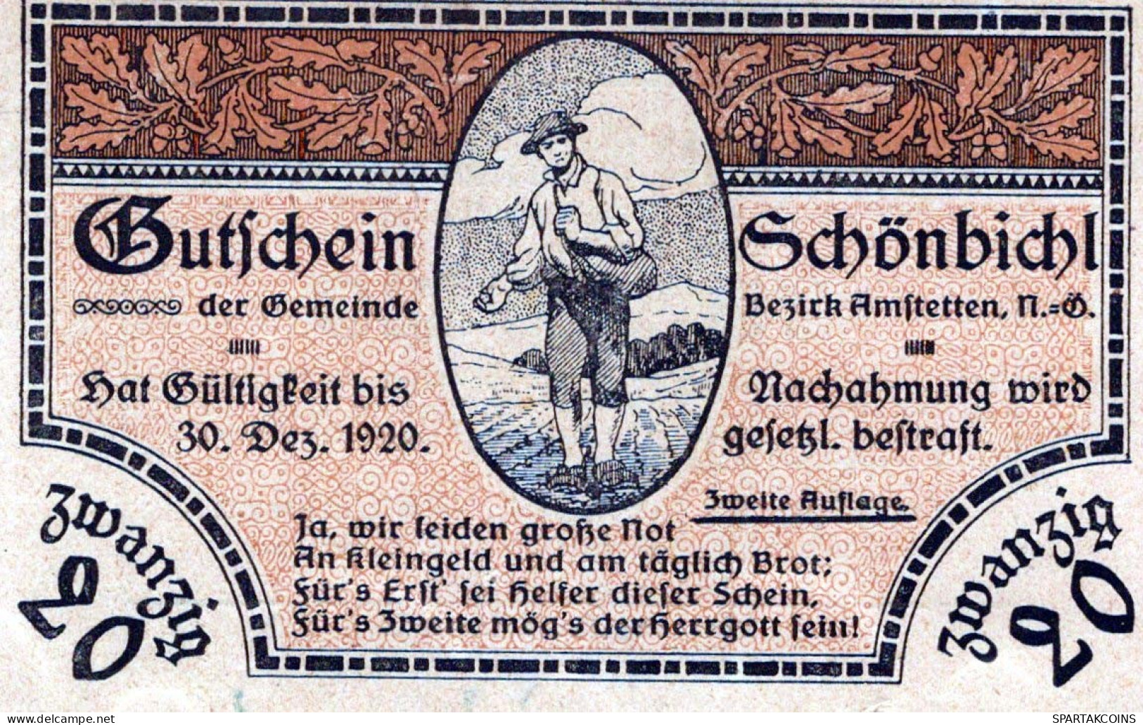 20 HELLER 1920 Stadt SCHoNBICHEL Niedrigeren Österreich Notgeld #PE798 - Lokale Ausgaben