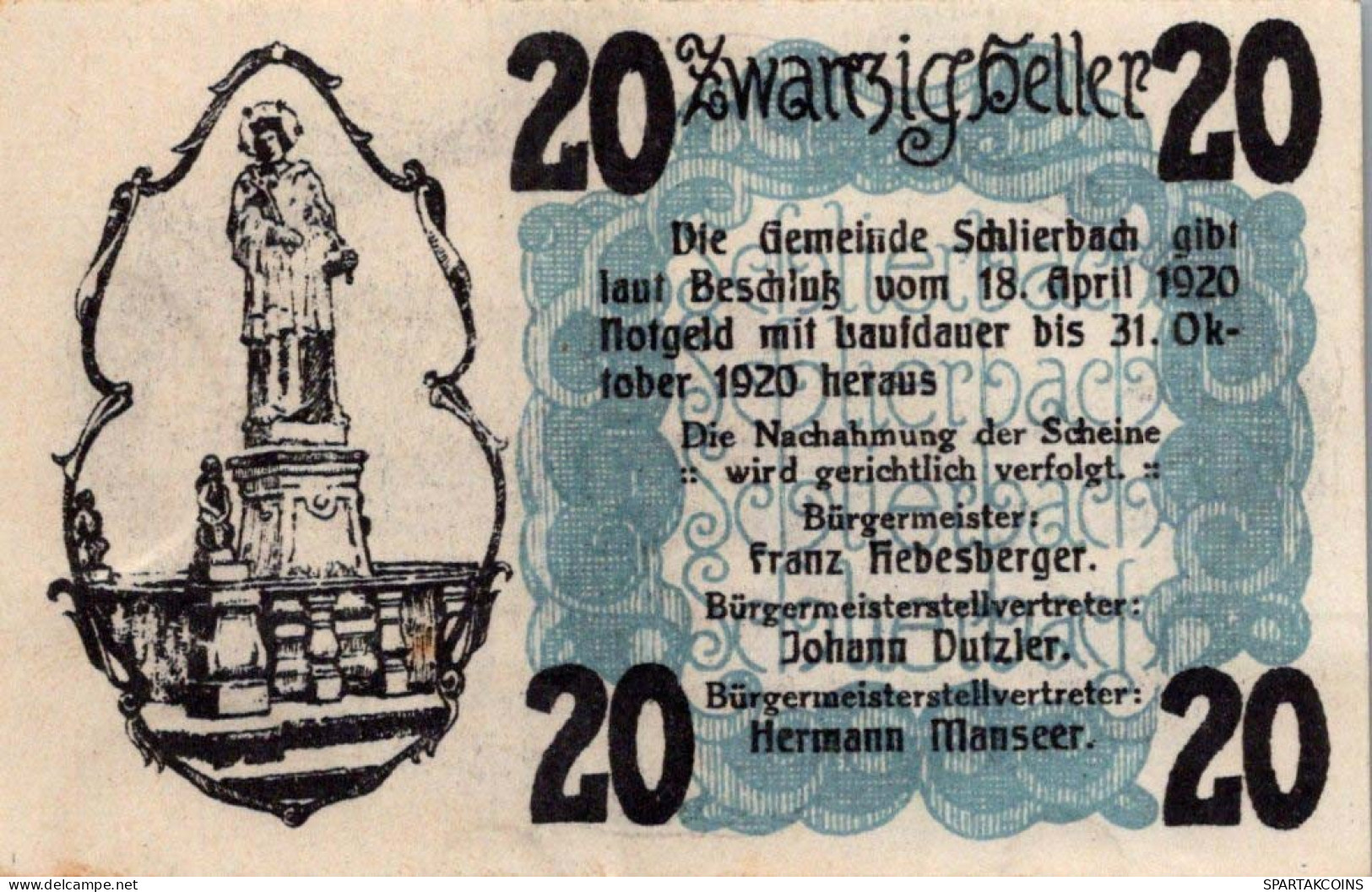 20 HELLER 1920 Stadt SCHLIERBACH Oberösterreich Österreich Notgeld #PE802 - [11] Emissions Locales