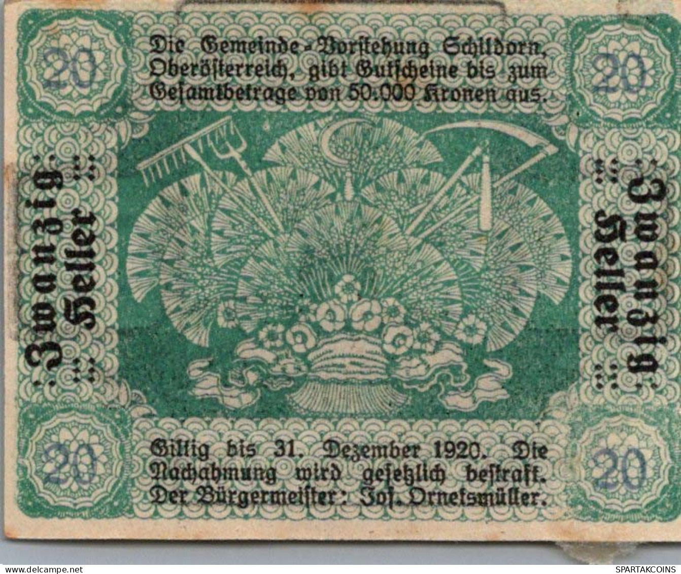 20 HELLER 1920 Stadt SCHILDORN Oberösterreich Österreich Notgeld Banknote #PF049 - Lokale Ausgaben