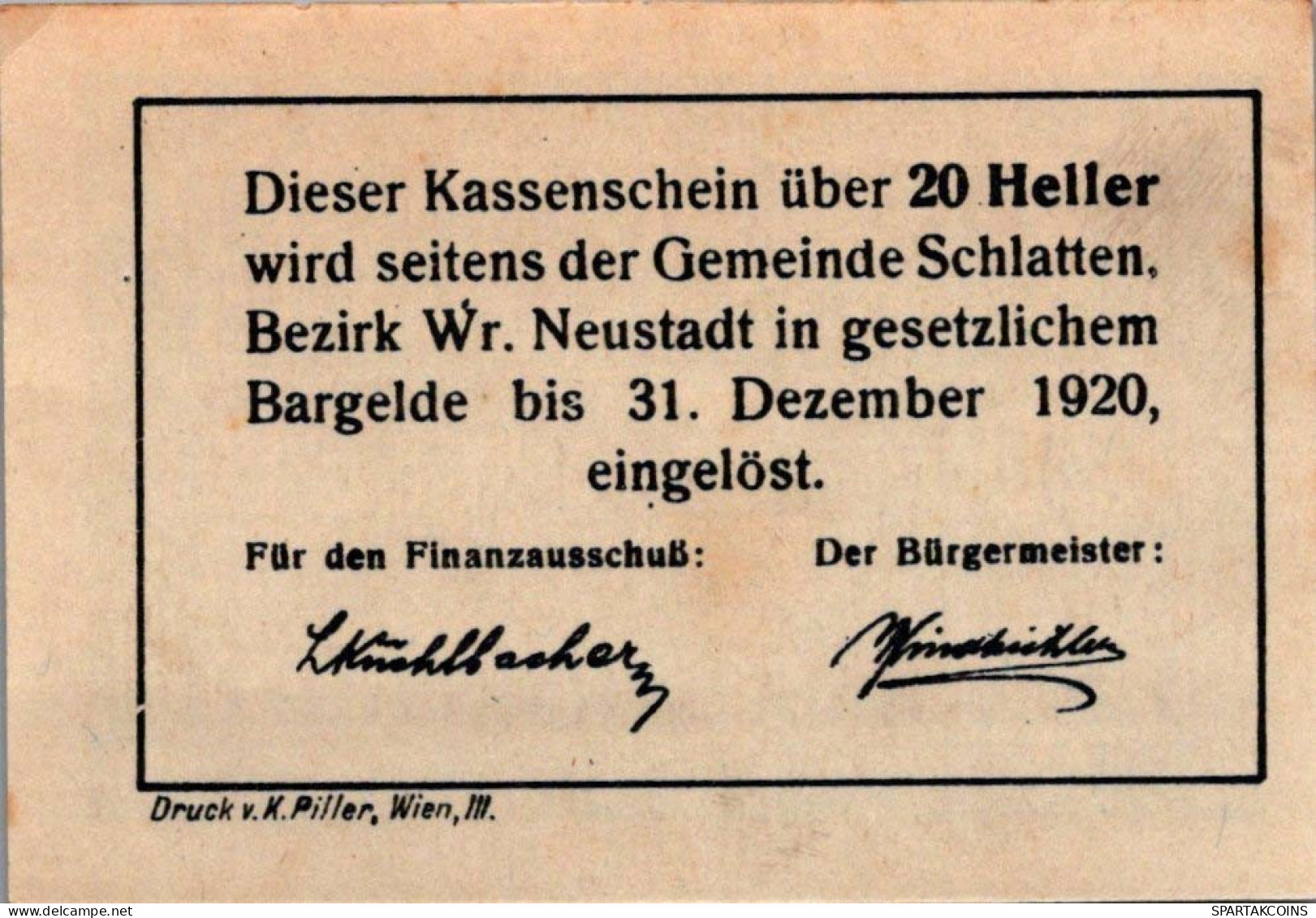 20 HELLER 1920 Stadt SCHLATTEN Niedrigeren Österreich Notgeld Banknote #PF133 - [11] Emissions Locales