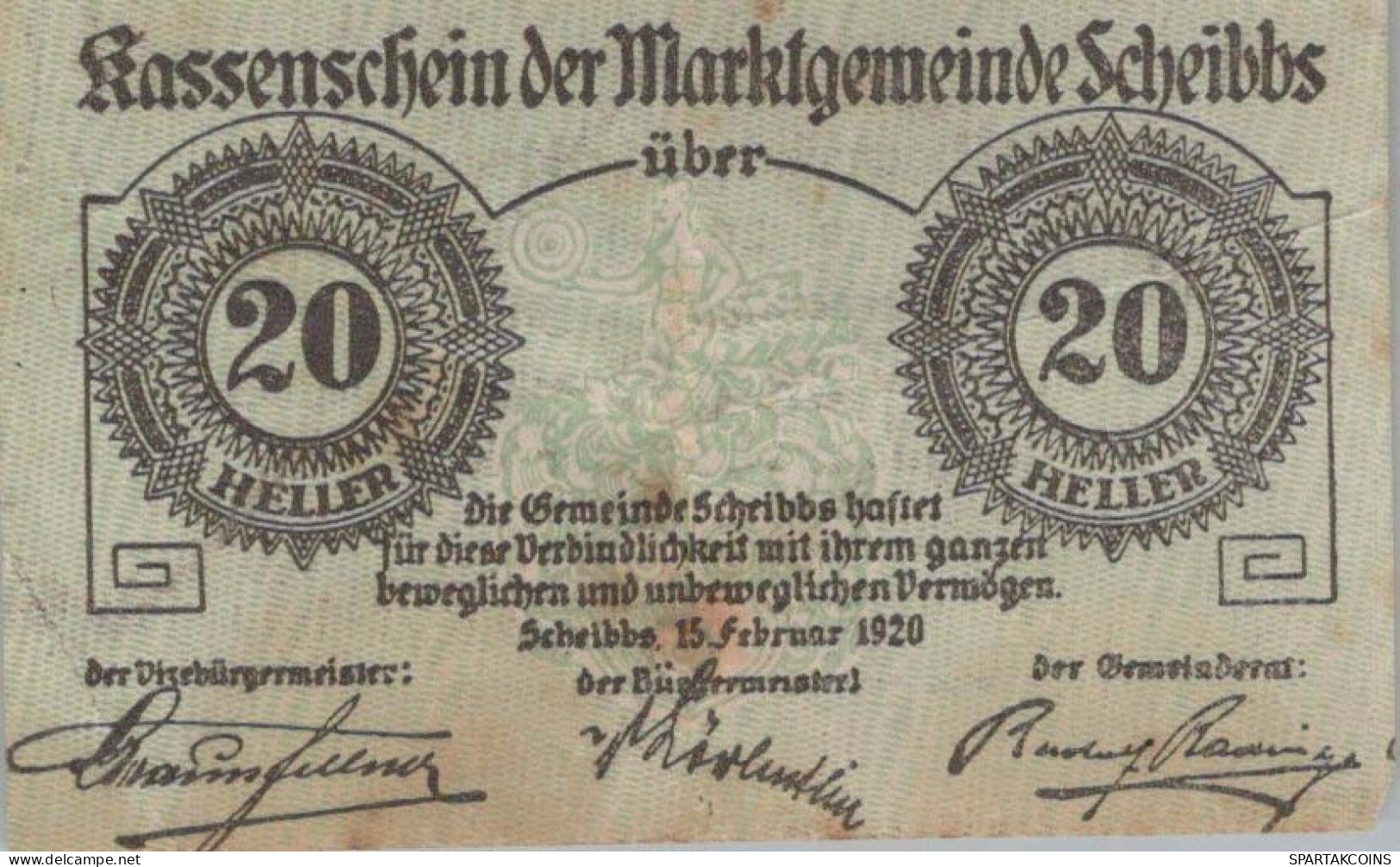 20 HELLER 1920 Stadt SCHEIBBS Niedrigeren Österreich Notgeld Banknote #PE662 - Lokale Ausgaben