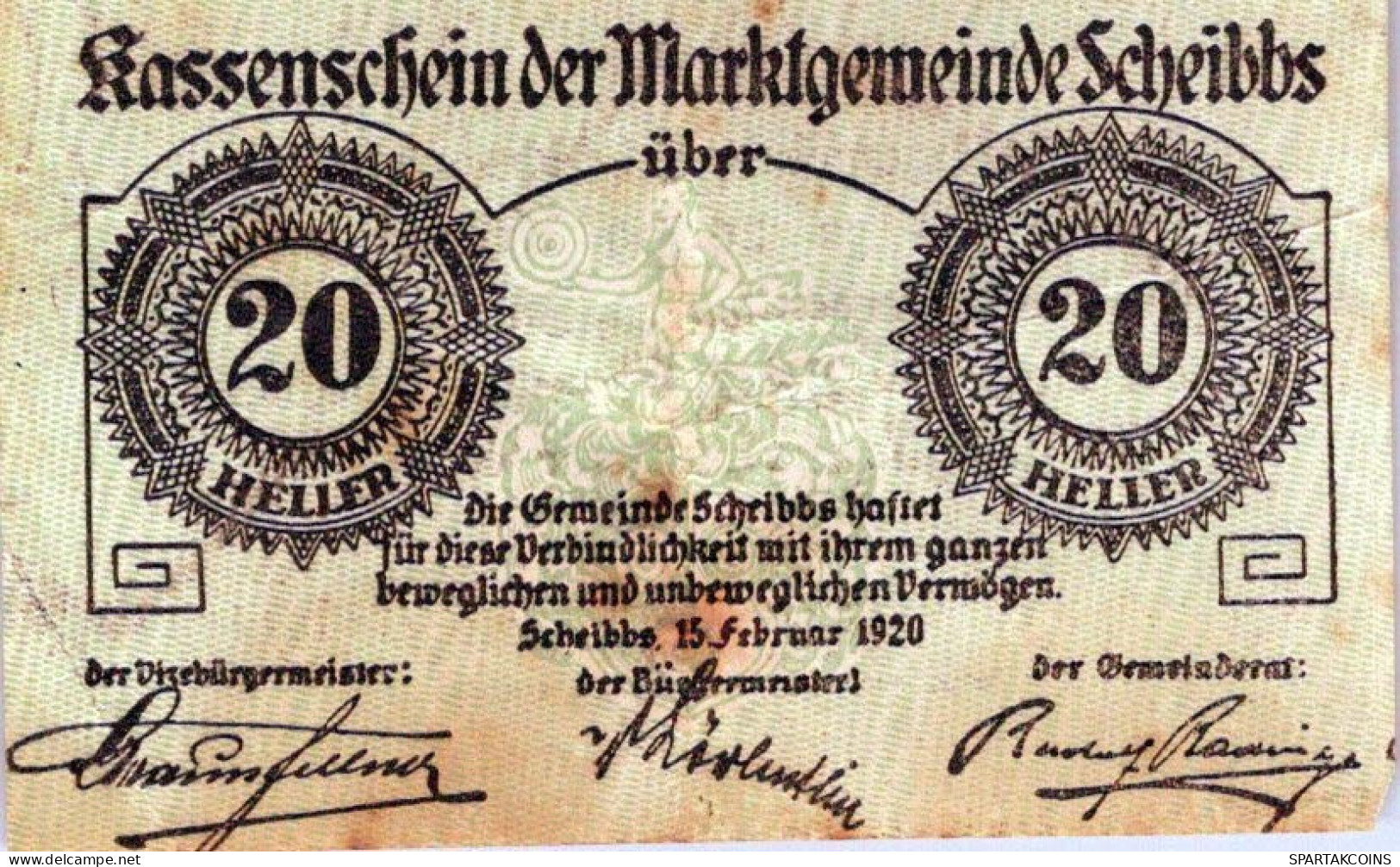 20 HELLER 1920 Stadt SCHEIBBS Niedrigeren Österreich Notgeld Banknote #PE662 - Lokale Ausgaben