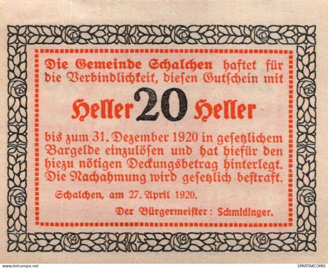 20 HELLER 1920 Stadt SCHALCHEN Oberösterreich Österreich Notgeld Banknote #PF047 - Lokale Ausgaben