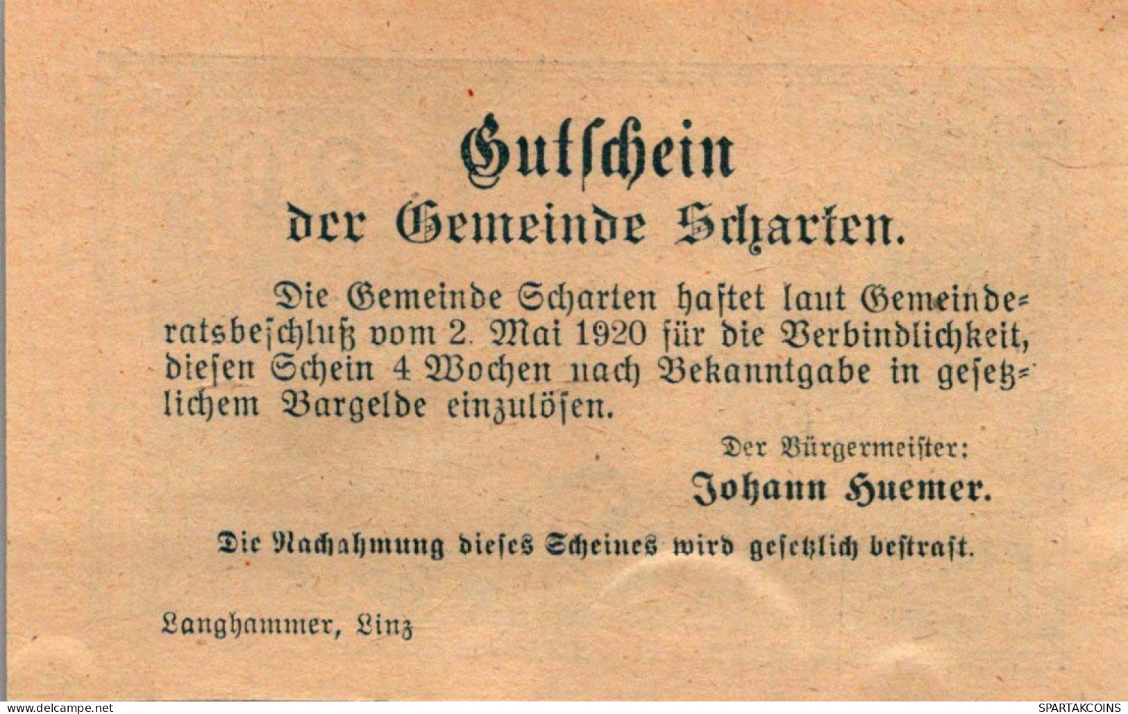 20 HELLER 1920 Stadt SCHARTEN Oberösterreich Österreich Notgeld Banknote #PE713 - [11] Emissions Locales