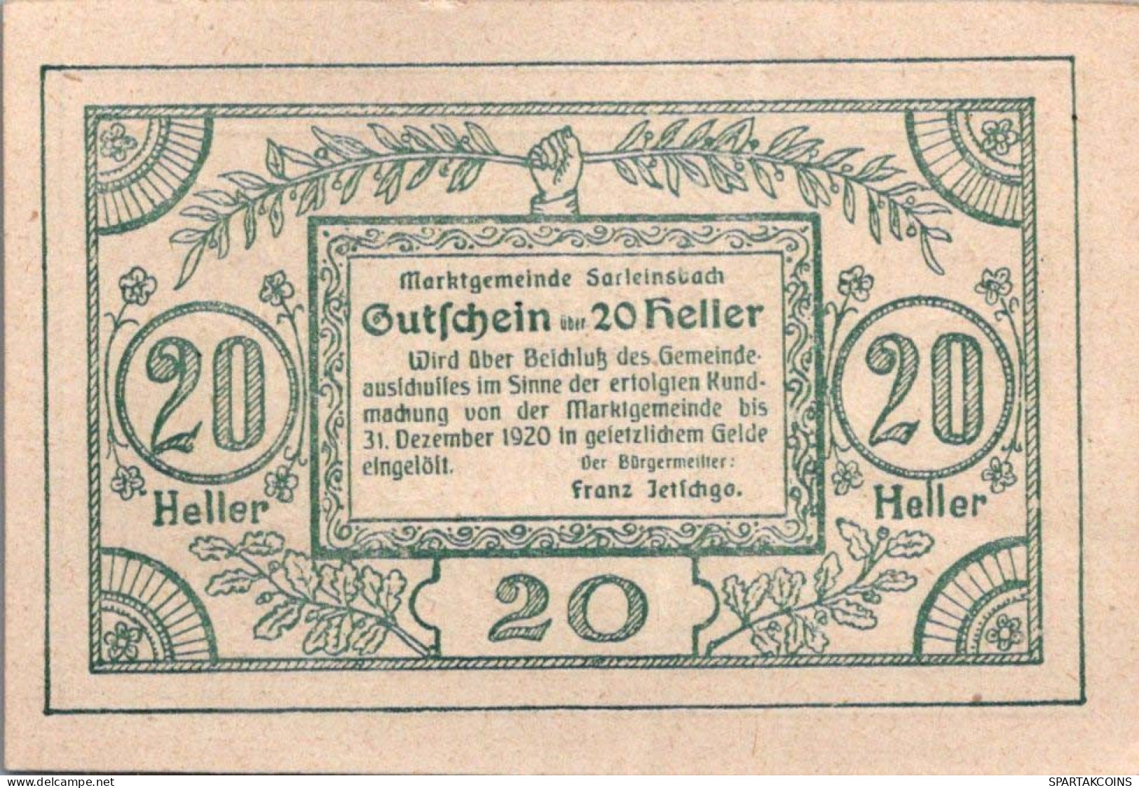 20 HELLER 1920 Stadt SARLEINSBACH Oberösterreich Österreich UNC Österreich Notgeld #PH396 - [11] Emissions Locales