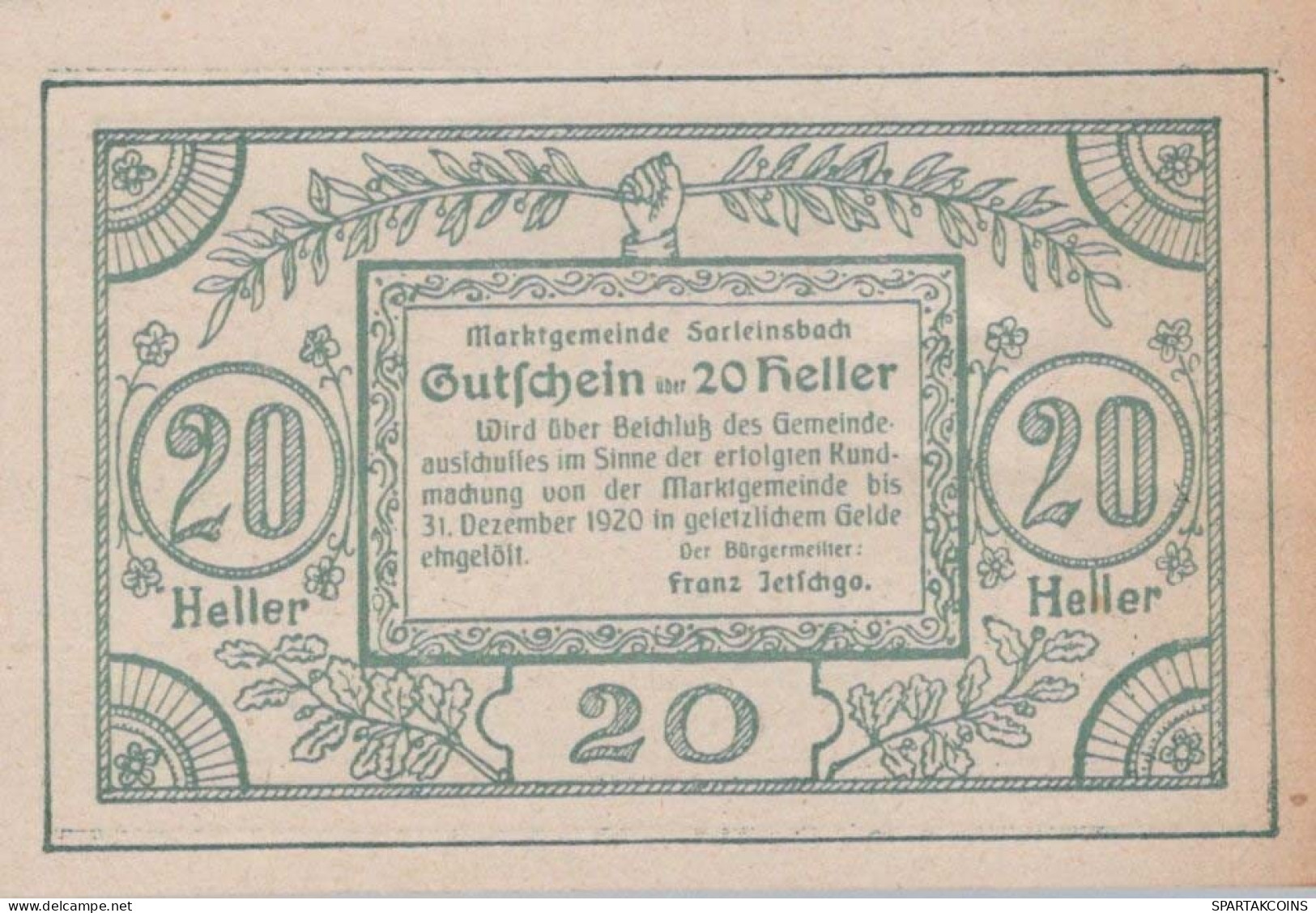 20 HELLER 1920 Stadt SARLEINSBACH Oberösterreich Österreich UNC Österreich Notgeld #PH397 - Lokale Ausgaben