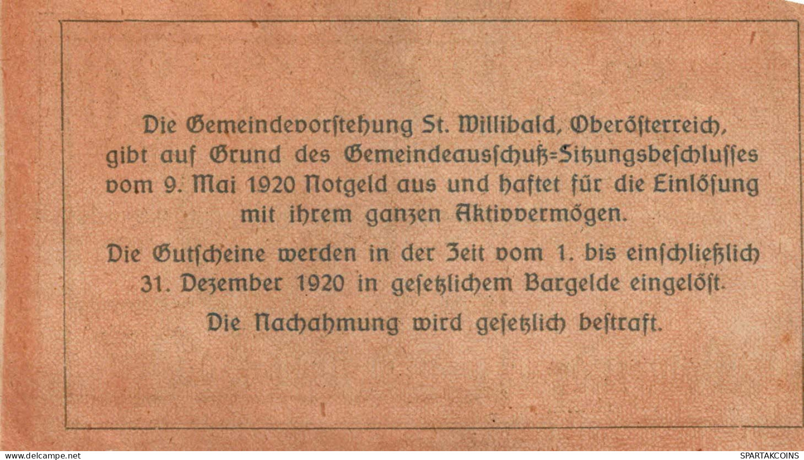20 HELLER 1920 Stadt SANKT WILLIBALD Oberösterreich Österreich Notgeld #PF228 - Lokale Ausgaben