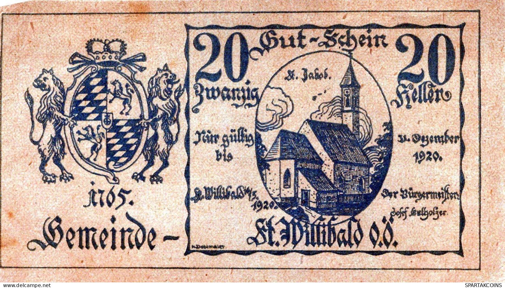 20 HELLER 1920 Stadt SANKT WILLIBALD Oberösterreich Österreich Notgeld #PF228 - Lokale Ausgaben