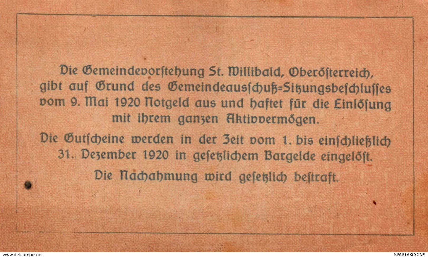 20 HELLER 1920 Stadt SANKT WILLIBALD Oberösterreich Österreich Notgeld #PF918 - Lokale Ausgaben