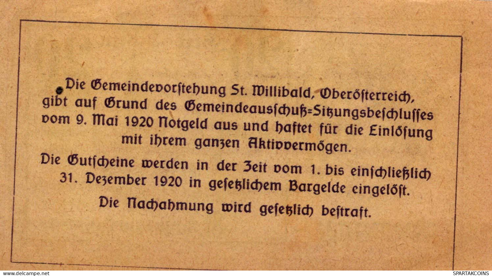 20 HELLER 1920 Stadt SANKT WILLIBALD Oberösterreich Österreich Notgeld #PF916 - [11] Local Banknote Issues