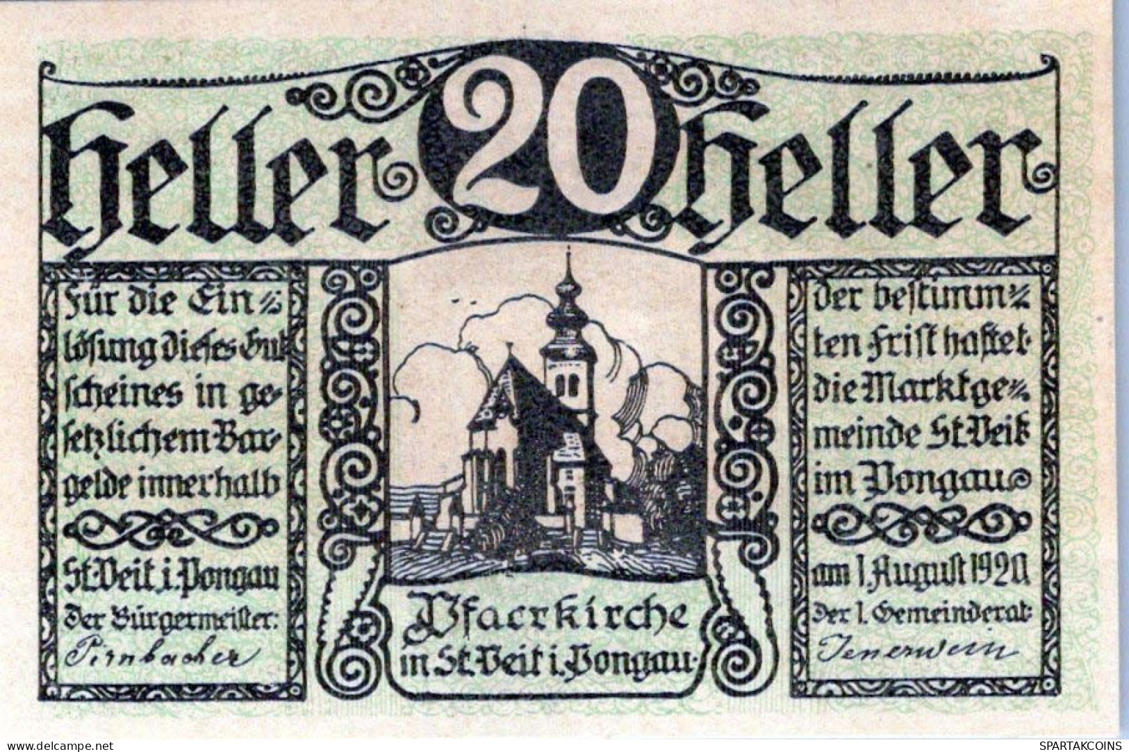 20 HELLER 1920 Stadt SANKT VEIT IM PONGAU Salzburg Österreich Notgeld Papiergeld Banknote #PG695 - [11] Emissions Locales