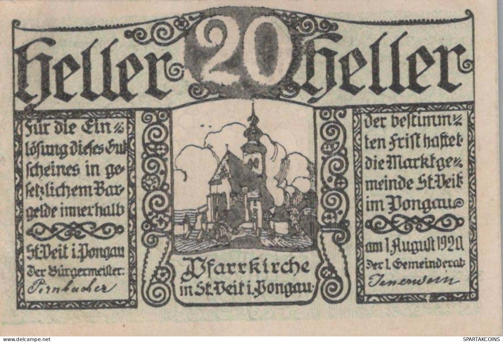 20 HELLER 1920 Stadt SANKT VEIT IM PONGAU Salzburg Österreich Notgeld #PI248 - Lokale Ausgaben