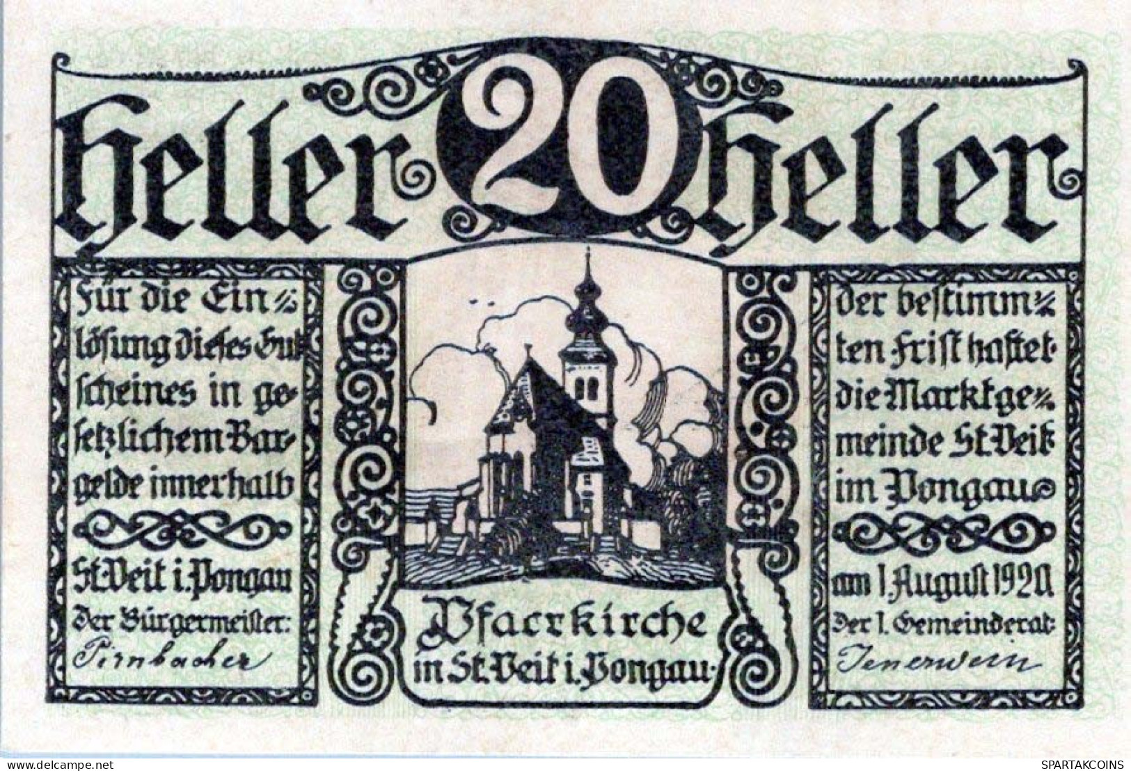 20 HELLER 1920 Stadt SANKT VEIT IM PONGAU Salzburg Österreich Notgeld #PE652 - Lokale Ausgaben