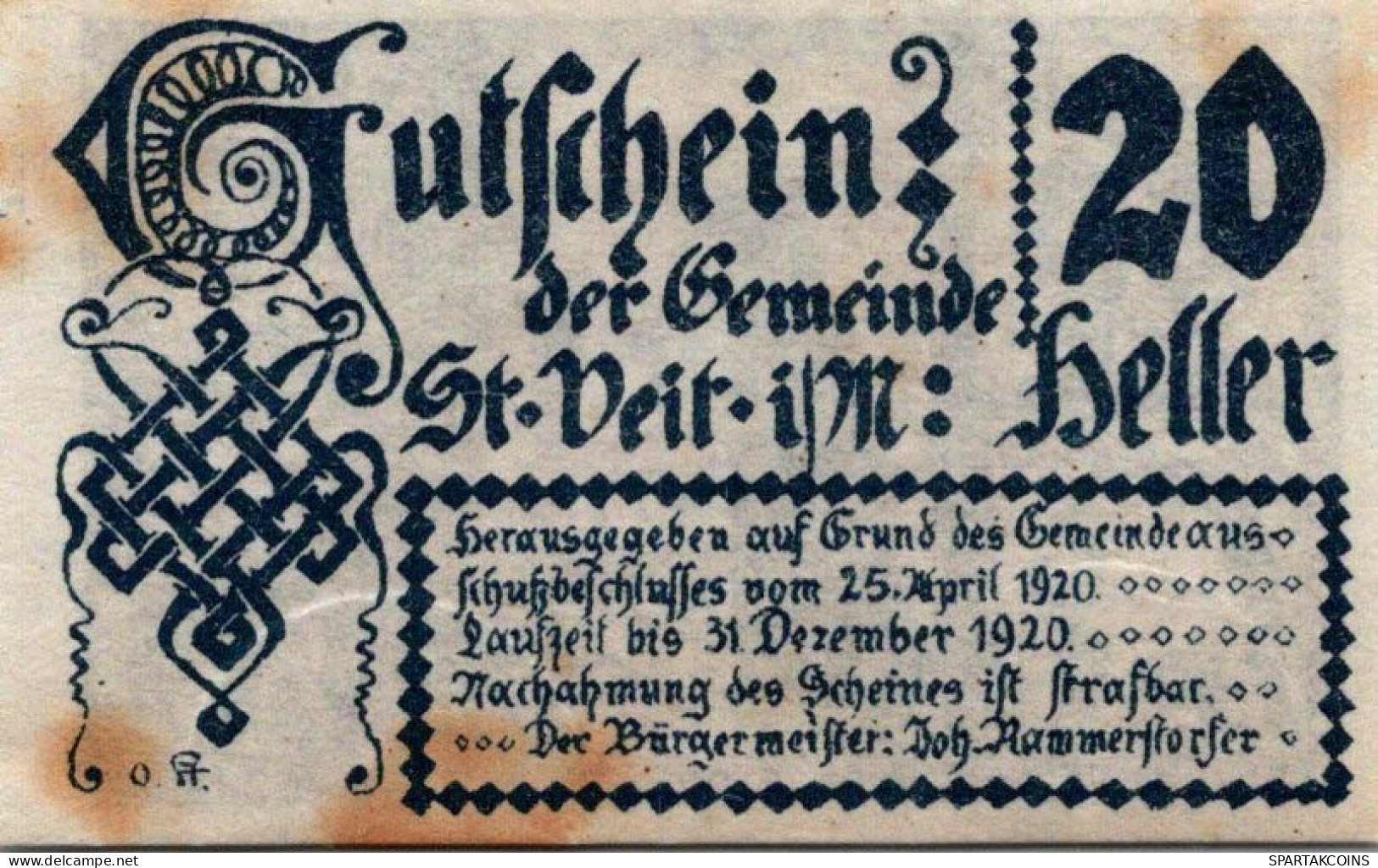 20 HELLER 1920 Stadt SANKT VEIT IM MÜHLKREIS Oberösterreich Österreich #PE664 - Lokale Ausgaben