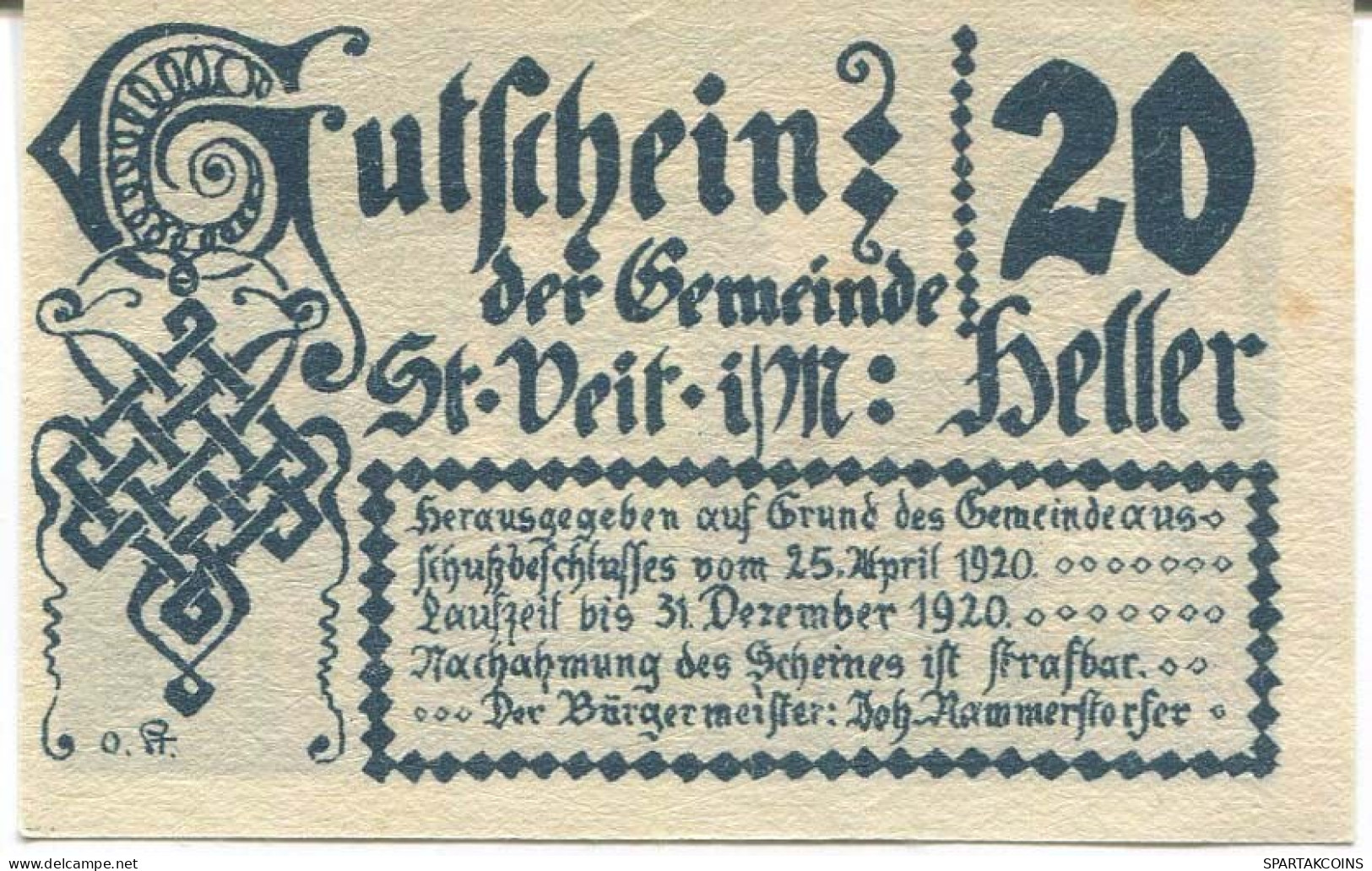 20 HELLER 1920 Stadt SANKT VEIT IM MÜHLKREIS Oberösterreich Österreich Notgeld Papiergeld Banknote #PL749 - Lokale Ausgaben