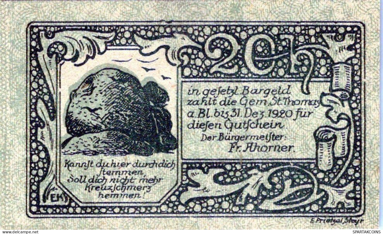 20 HELLER 1920 Stadt SANKT THOMAS AM BLASENSTEIN Oberösterreich Österreich #PE867 - [11] Local Banknote Issues