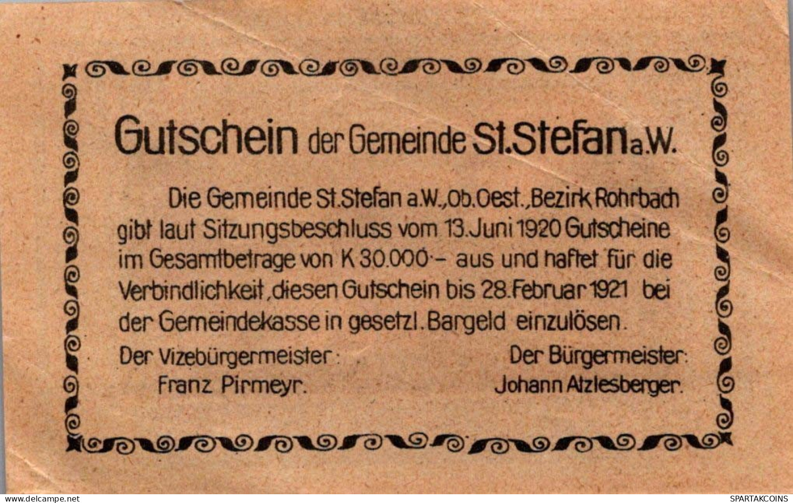 20 HELLER 1920 Stadt SANKT STEFAN AM WALDE Oberösterreich Österreich #PF328 - Lokale Ausgaben