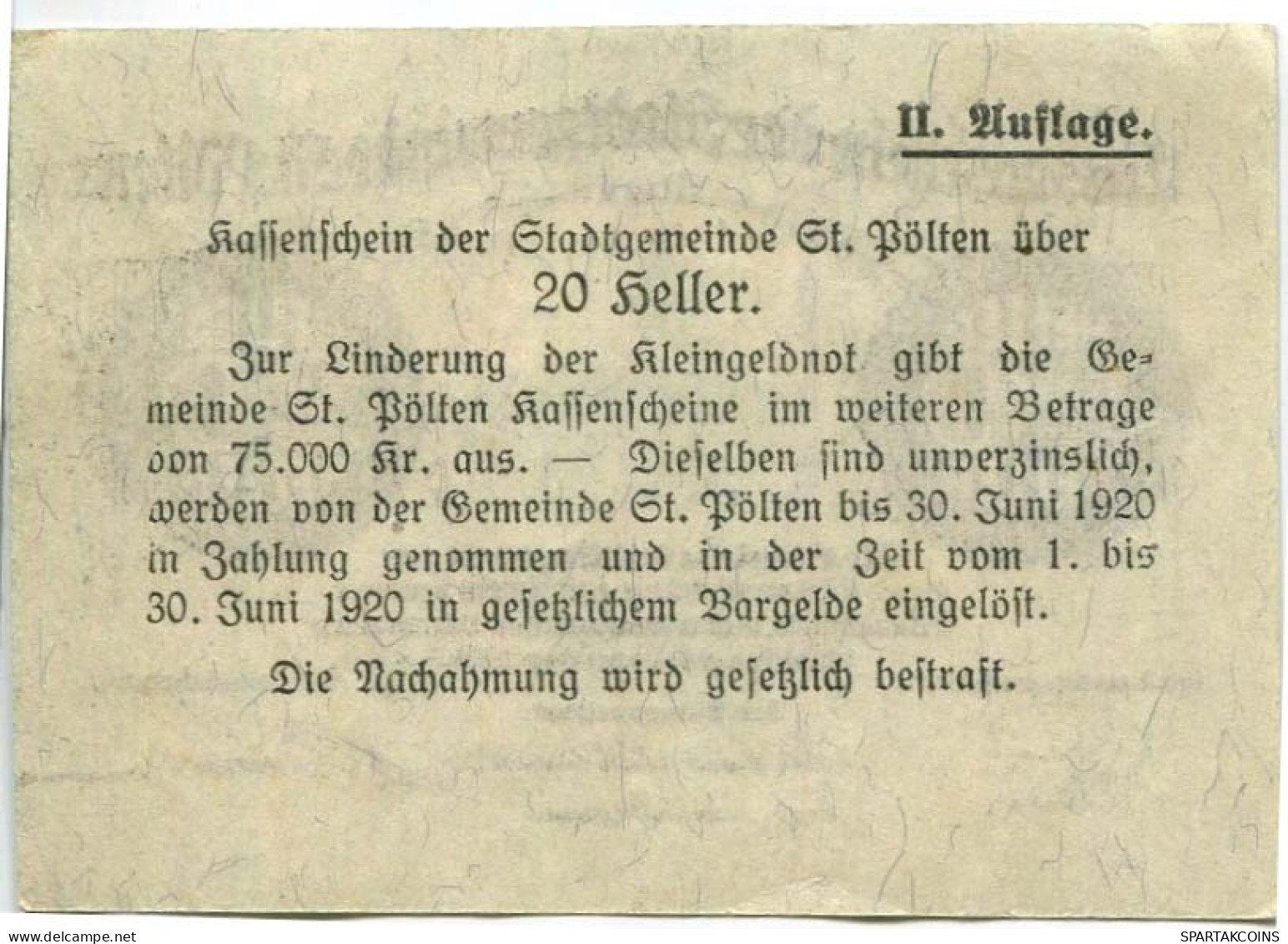 20 HELLER 1920 Stadt SANKT PoLTEN Niedrigeren Österreich Notgeld Papiergeld Banknote #PL896 - [11] Local Banknote Issues