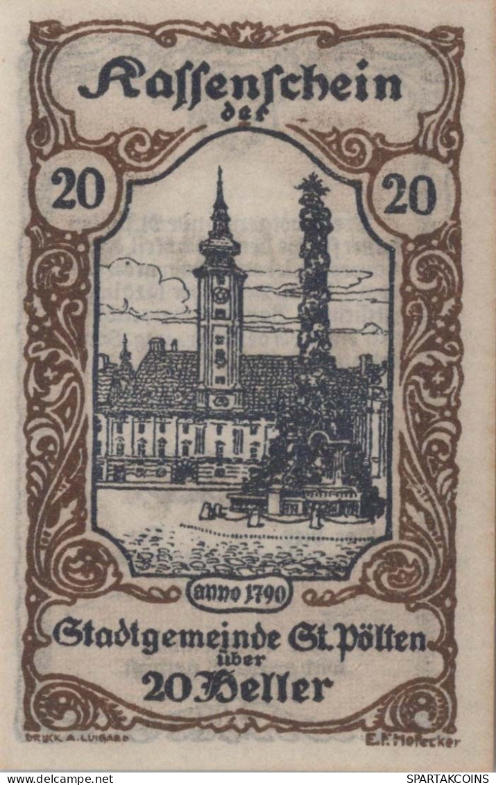 20 HELLER 1920 Stadt SANKT PÖLTEN Niedrigeren Österreich Notgeld Papiergeld Banknote #PG692 - Lokale Ausgaben