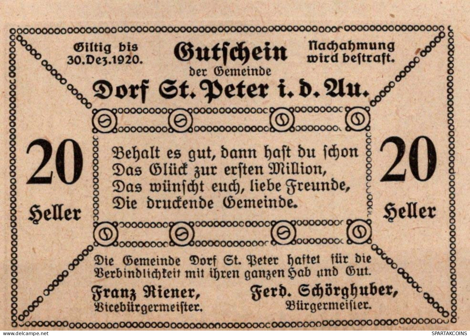 20 HELLER 1920 Stadt SANKT PETER IN DER AU Niedrigeren Österreich #PF196 - [11] Local Banknote Issues