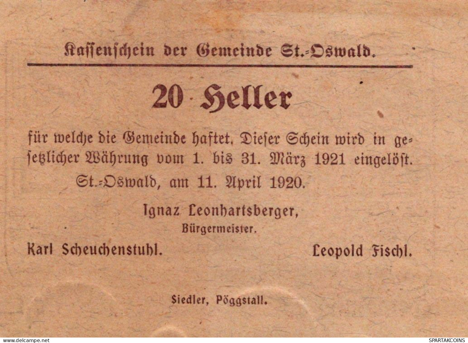 20 HELLER 1920 Stadt SANKT OSWALD Niedrigeren Österreich Notgeld #PE629 - Lokale Ausgaben