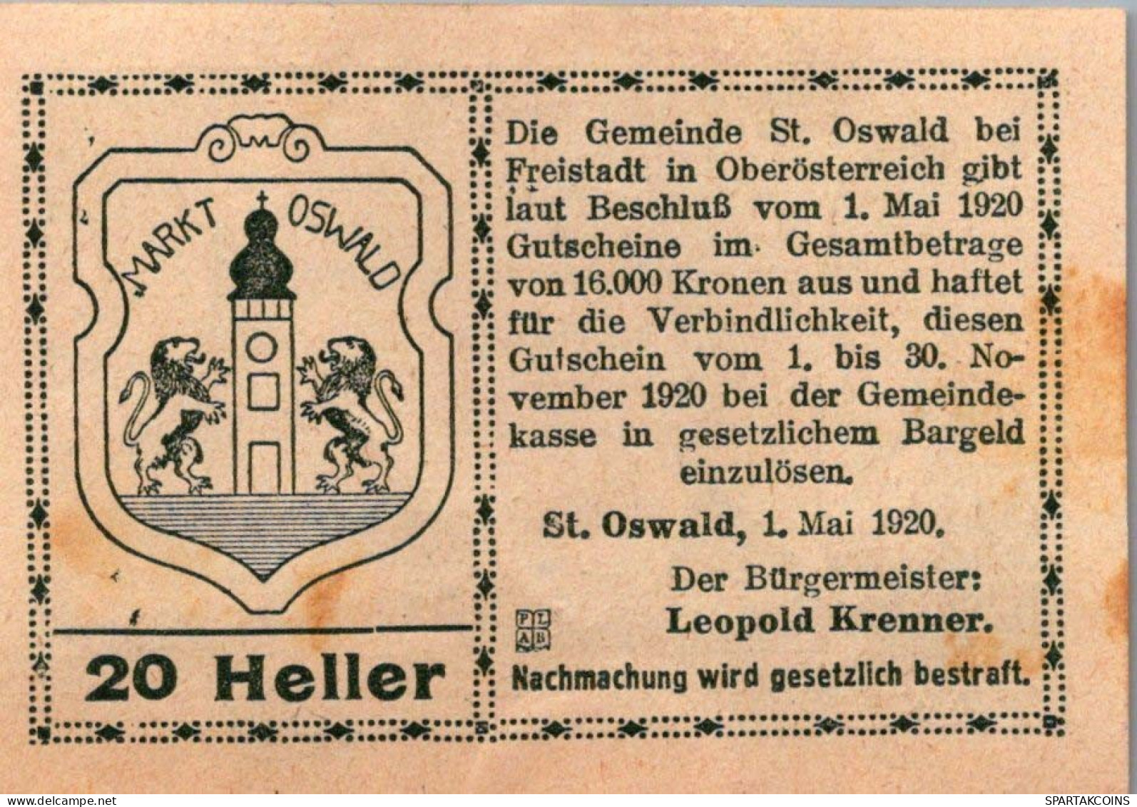 20 HELLER 1920 Stadt SANKT OSWALD BEI FREISTAD Oberösterreich Österreich #PE602 - Lokale Ausgaben