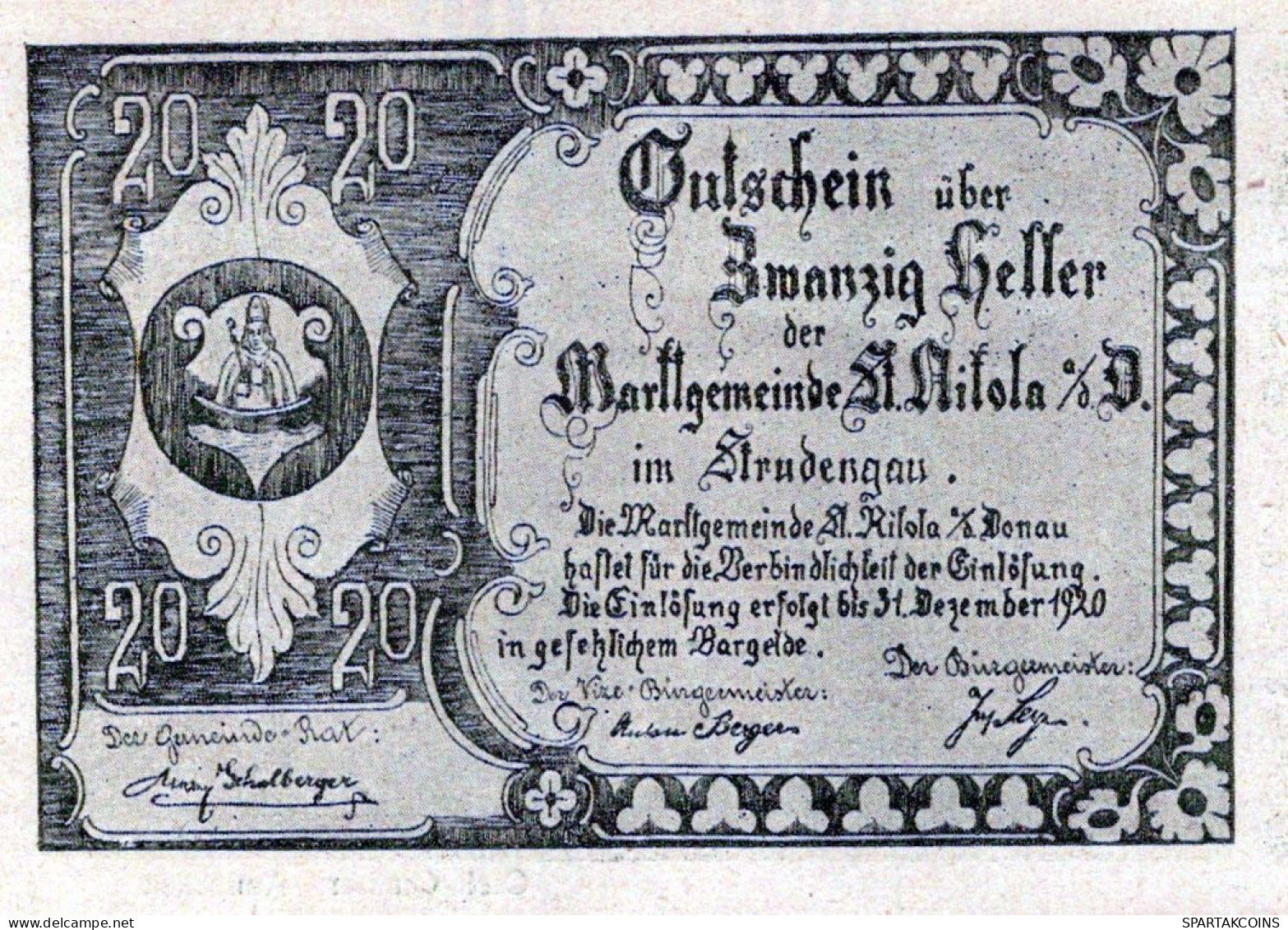 20 HELLER 1920 Stadt SANKT NIKOLA AN DER DONAU Oberösterreich Österreich Notgeld Papiergeld Banknote #PG689 - Lokale Ausgaben