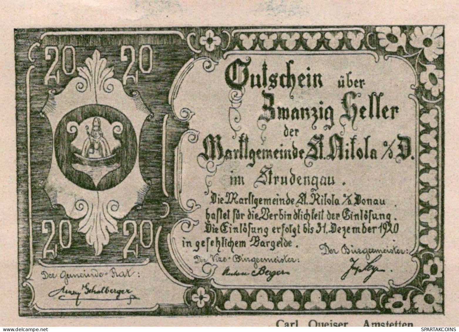 20 HELLER 1920 Stadt SANKT NIKOLA AN DER DONAU Oberösterreich Österreich #PE884 - Lokale Ausgaben