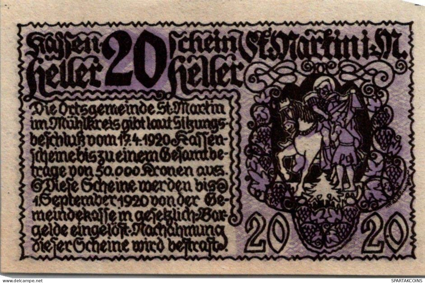 20 HELLER 1920 Stadt SANKT MARTIN IM MÜHLKREIS Oberösterreich Österreich #PE837 - [11] Emissions Locales