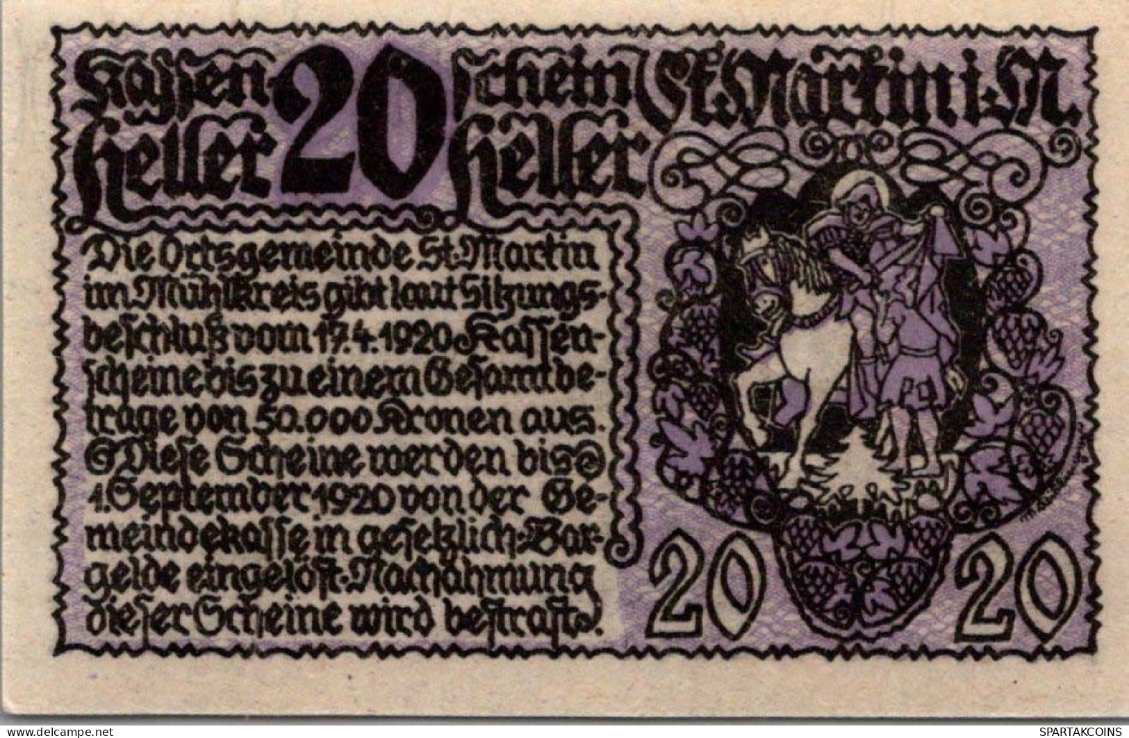 20 HELLER 1920 Stadt SANKT MARTIN IM MÜHLKREIS Oberösterreich Österreich Notgeld Papiergeld Banknote #PG686 - [11] Emissions Locales