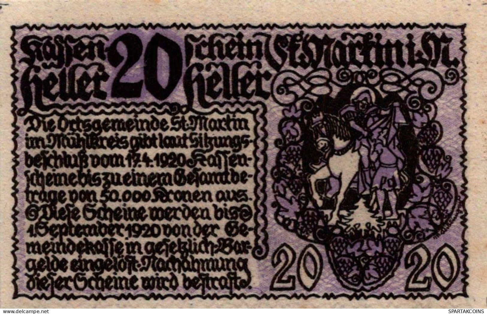 20 HELLER 1920 Stadt SANKT MARTIN IM MÜHLKREIS Oberösterreich Österreich #PE836 - Lokale Ausgaben