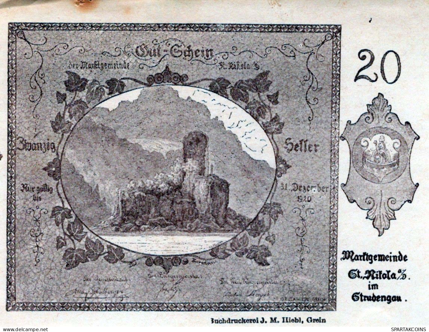 20 HELLER 1920 Stadt SANKT NIKOLA AN DER DONAU Oberösterreich Österreich #PE756 - Lokale Ausgaben
