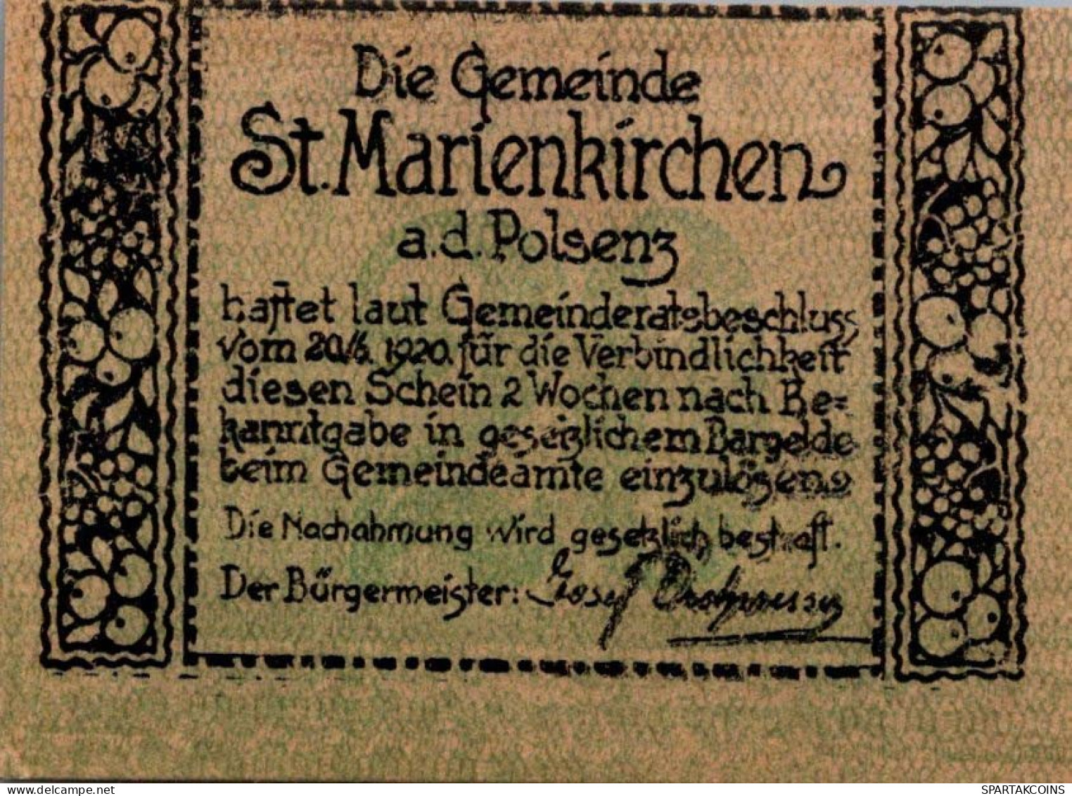 20 HELLER 1920 Stadt SANKT MARIENKIRCHEN AN DER POLSENZ Oberösterreich Österreich #PF007 - [11] Local Banknote Issues