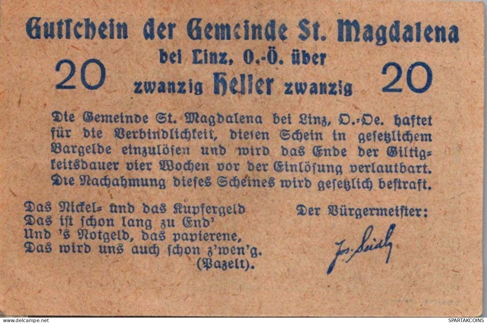 20 HELLER 1920 Stadt SANKT MAGDALENA BEI LINZ Oberösterreich Österreich #PF004 - Lokale Ausgaben