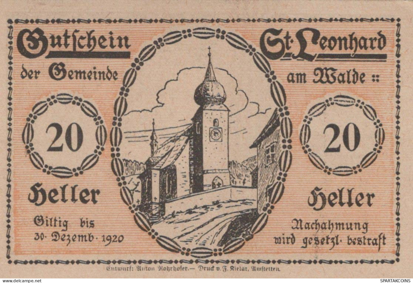 20 HELLER 1920 Stadt SANKT LEONHARD AM WALDE Niedrigeren Österreich Notgeld Papiergeld Banknote #PG939 - Lokale Ausgaben