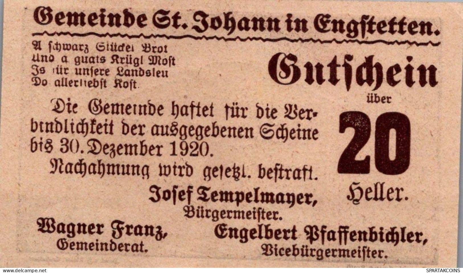 20 HELLER 1920 Stadt SANKT JOHANN IN ENGSTETTEN Niedrigeren Österreich #PE641 - Lokale Ausgaben