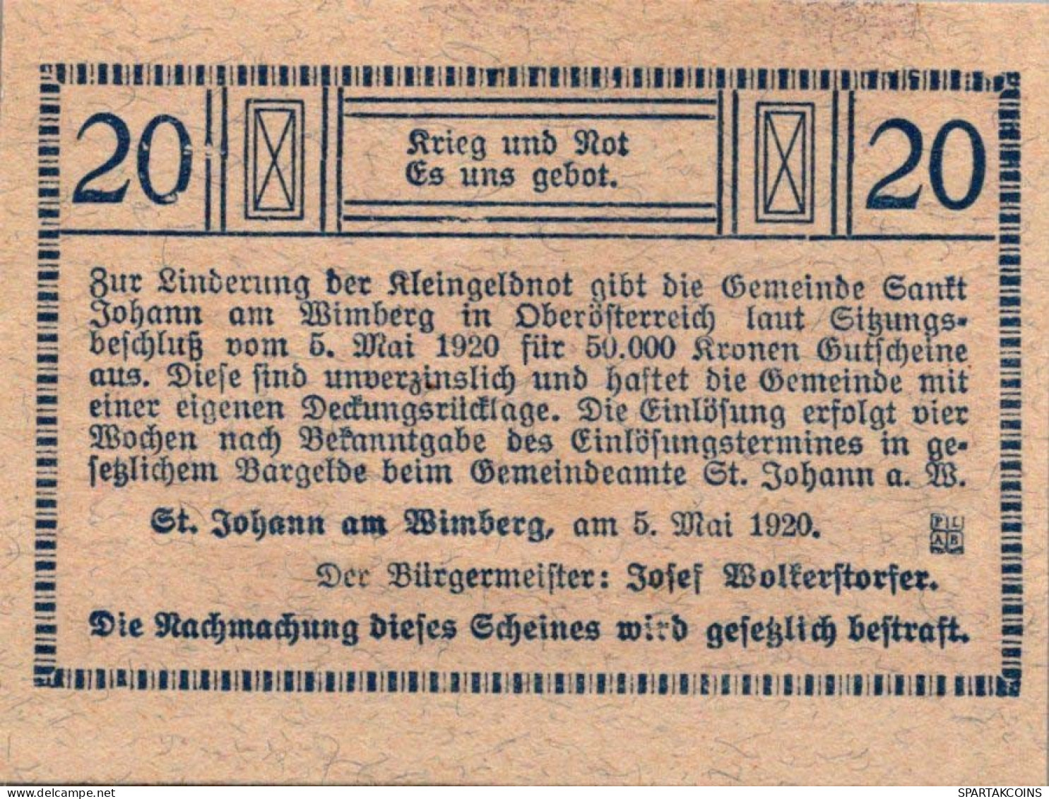 20 HELLER 1920 Stadt SANKT JOHANN AM WIMBERG Oberösterreich Österreich UNC Österreich #PH051 - [11] Emissions Locales