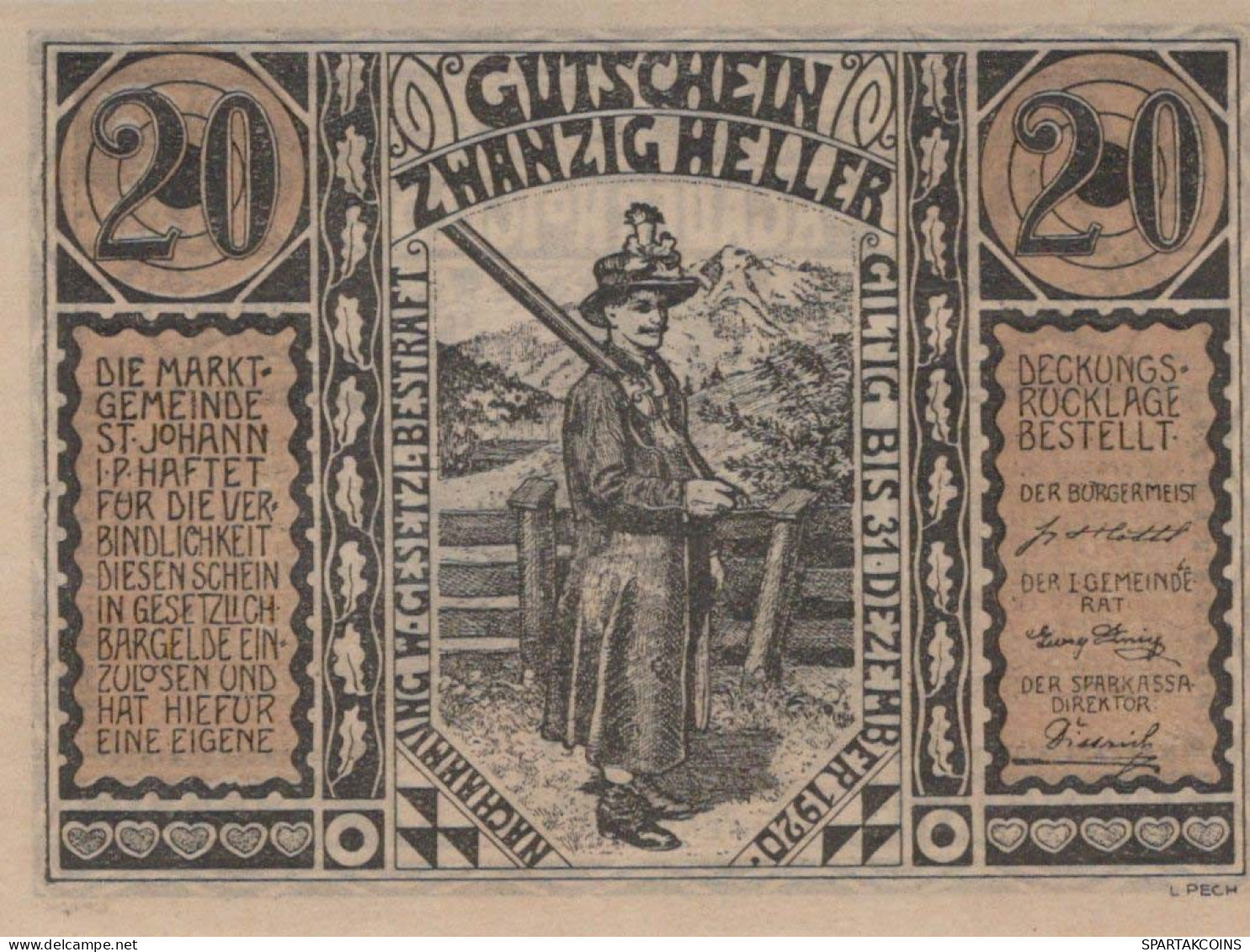 20 HELLER 1920 Stadt SANKT JOHANN IM PONGAU Salzburg Österreich Notgeld Papiergeld Banknote #PG680 - [11] Emissions Locales