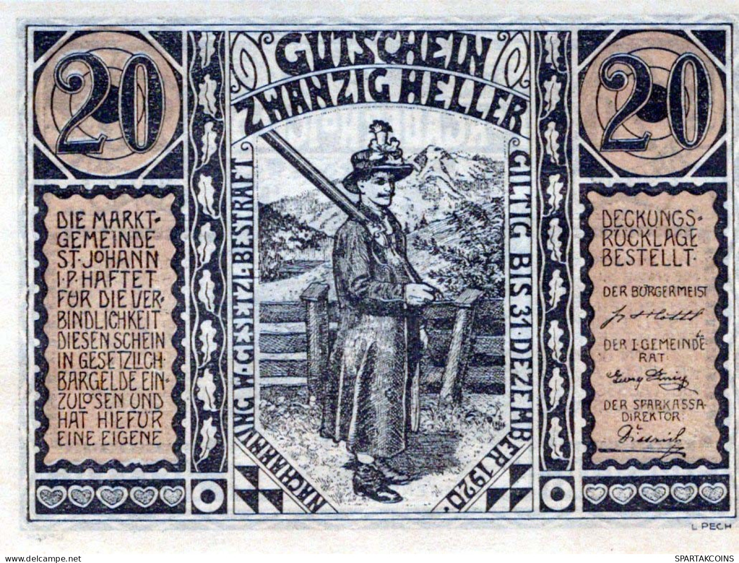20 HELLER 1920 Stadt SANKT JOHANN IM PONGAU Salzburg Österreich Notgeld Papiergeld Banknote #PG680 - Lokale Ausgaben
