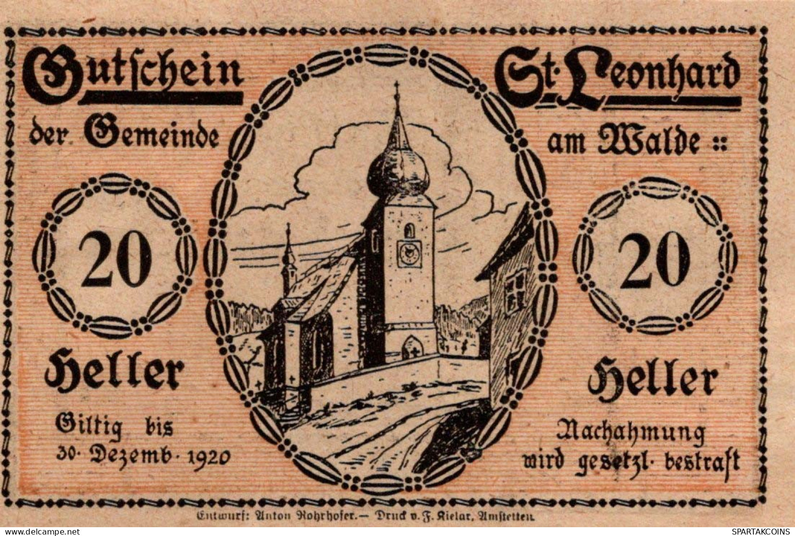 20 HELLER 1920 Stadt SANKT LEONHARD AM WALDE Niedrigeren Österreich #PE669 - [11] Local Banknote Issues