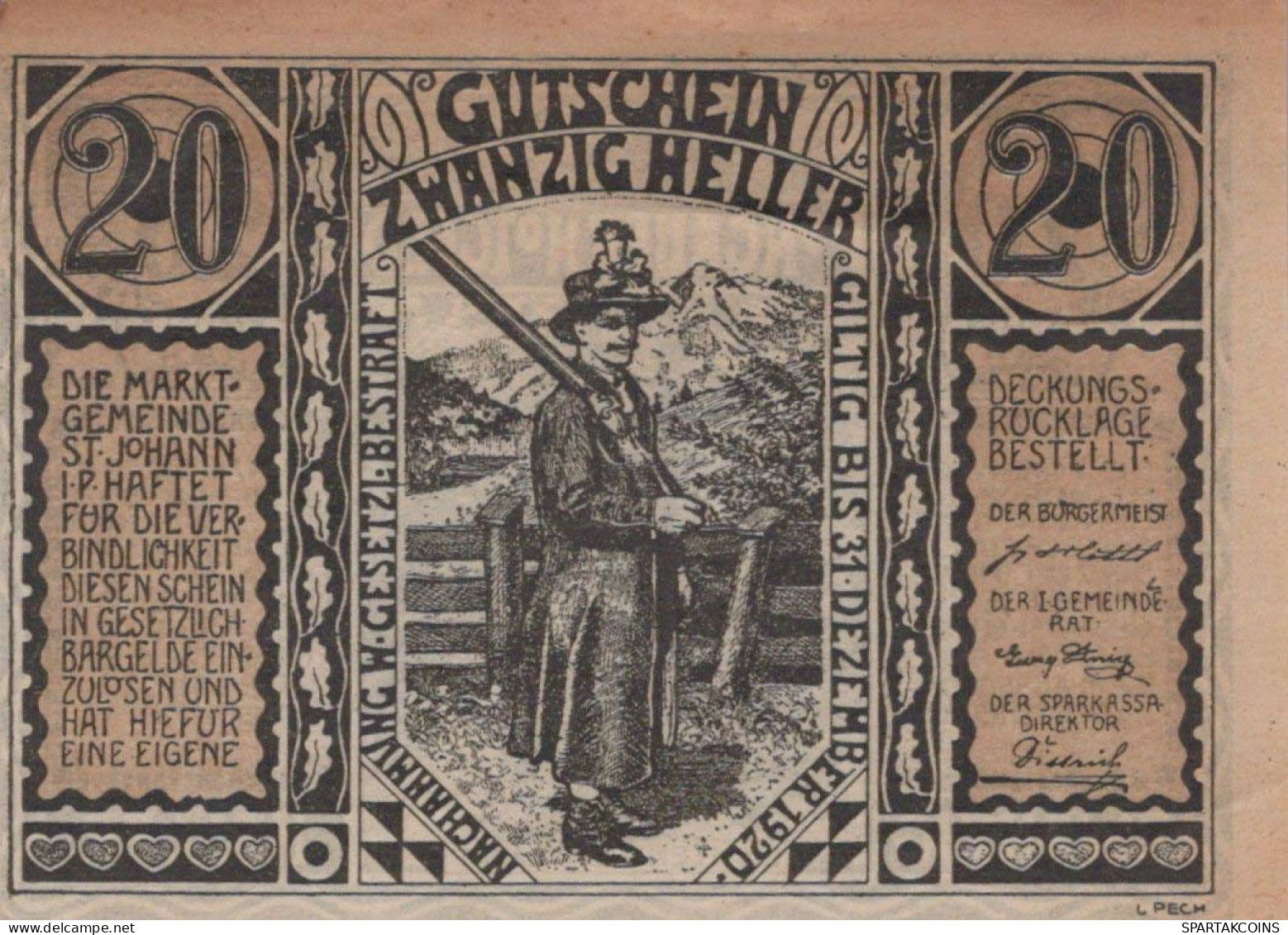 20 HELLER 1920 Stadt SANKT JOHANN IM PONGAU Salzburg Österreich Notgeld #PE290 - Lokale Ausgaben