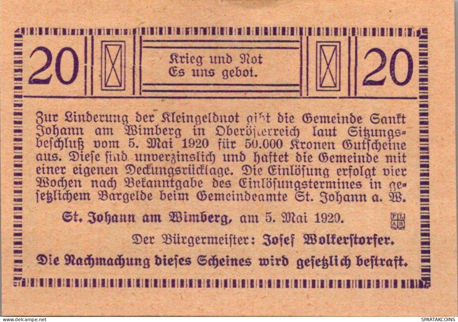 20 HELLER 1920 Stadt SANKT JOHANN AM WIMBERG Oberösterreich Österreich Notgeld Papiergeld Banknote #PG707 - [11] Local Banknote Issues