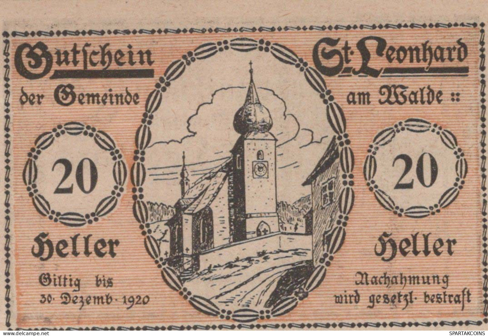 20 HELLER 1920 Stadt SANKT LEONHARD AM WALDE Niedrigeren Österreich #PE617 - [11] Local Banknote Issues