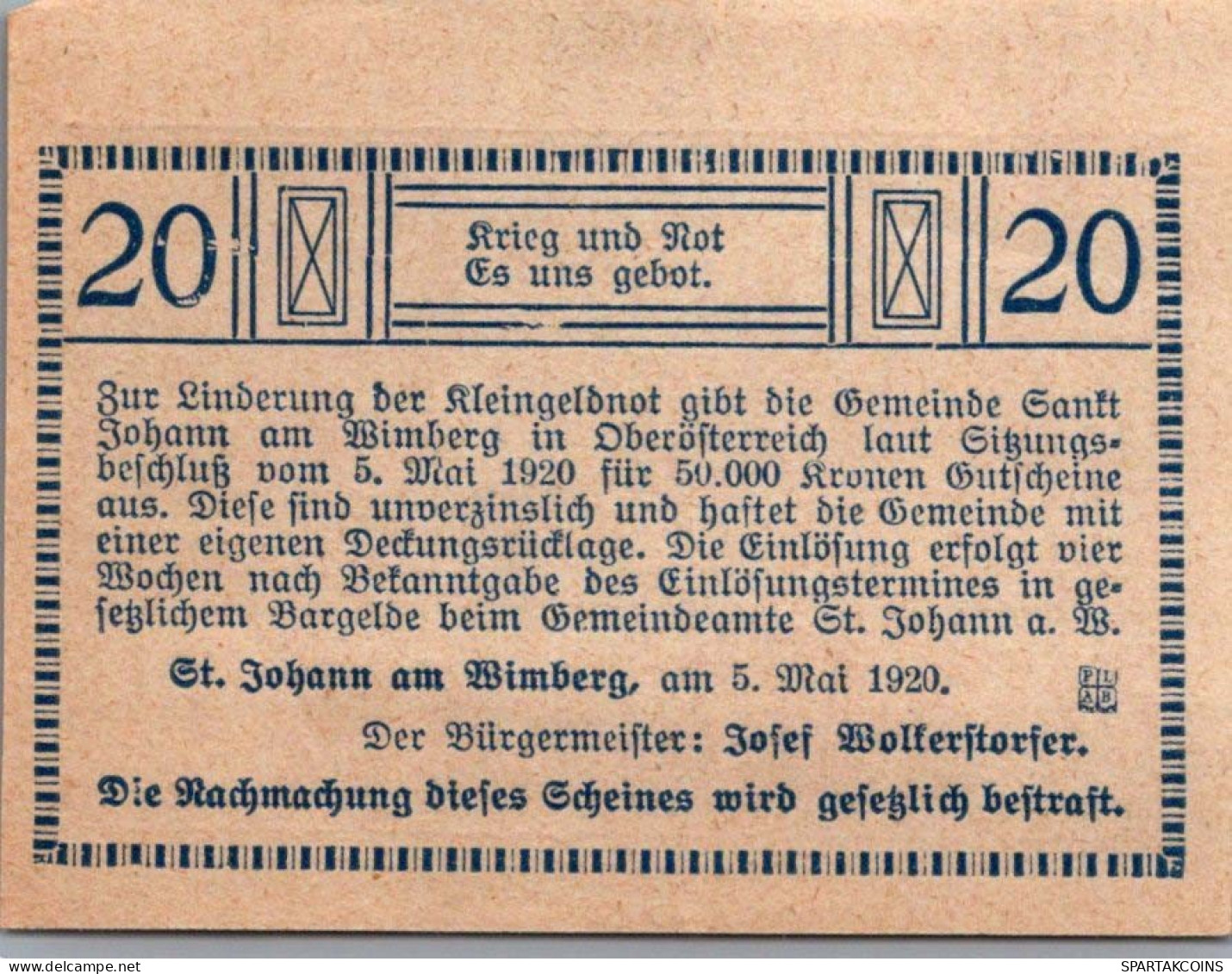 20 HELLER 1920 Stadt SANKT JOHANN AM WIMBERG Oberösterreich Österreich #PE683 - [11] Local Banknote Issues