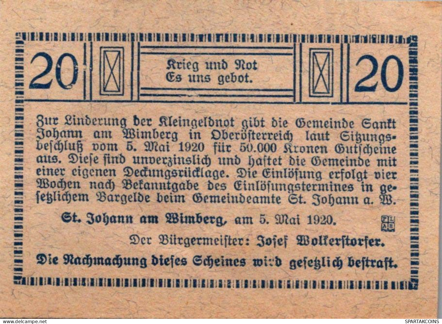 20 HELLER 1920 Stadt SANKT JOHANN AM WIMBERG Oberösterreich Österreich #PE676 - [11] Local Banknote Issues